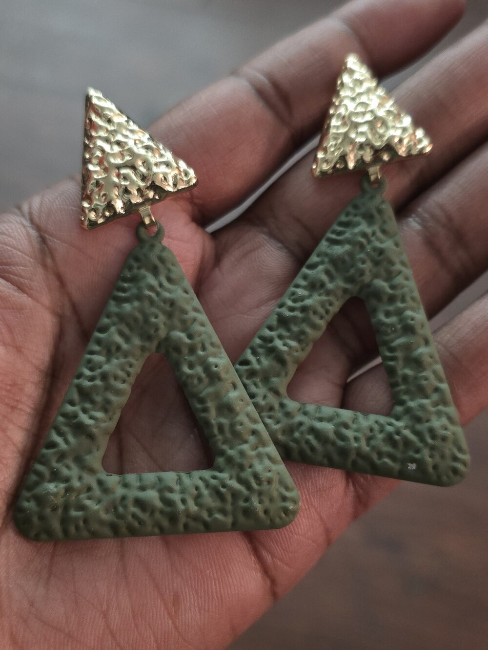 Green and Gold Triangle Earrings